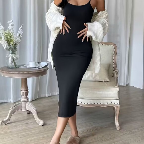 Black Women’s Spaghetti Strap Bodycon Maxi Dress Sexy Slit Cocktail Evening - Picture 4 of 7